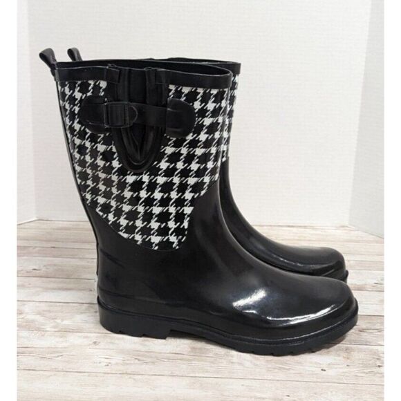 FY Womens Size 10 Black Leather Houndstooth Round Toe Mid Calf Rain Boots